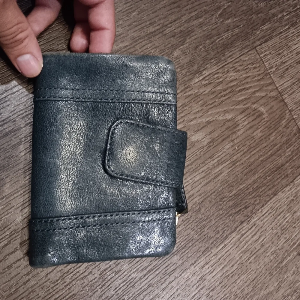 Vintage Fossil Dark Green  Leather Compact Wallet with Gold Plaque